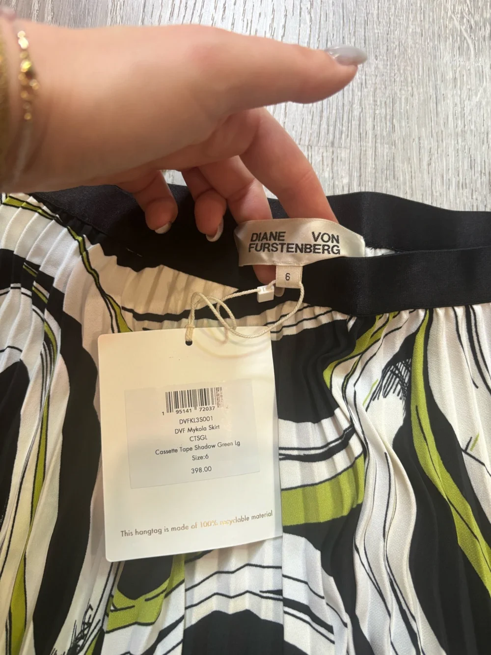 Diane von Furstenberg Mykola Pleated Midi Skirt Cassette Tape Shadow Green NWT
